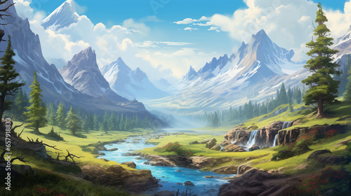 A Journey Through Nature: A Vibrant Colorful Panoramic Painting of a Majestic Mountainous Landscape with a River (Wallpaper)