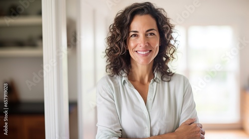 A portrait of a beautiful Hispanic looking woman wearing white shirt in her house, office, housewife, working from home, lifestyle blog