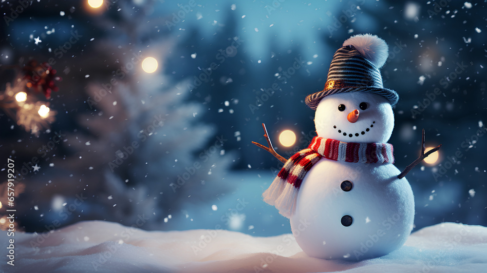Obraz premium Snowy Christmas background with decorative and fun snowman.