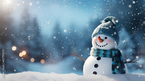 Snowy Christmas background with decorative and fun snowman. © Moon Project