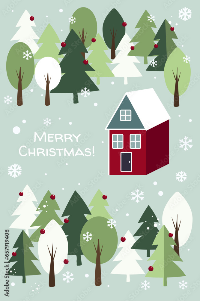 Merry Christmas card with christmas tree, scandinavian houses, white, green trees. Happy New Year greeting with winter landscape, christmas tree, trees, cute lovely red houses and snowflakes