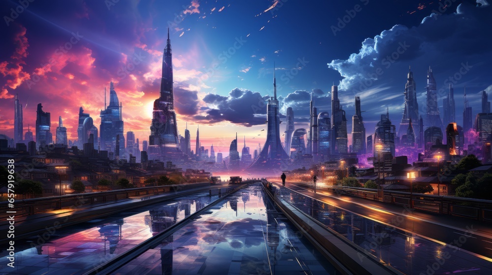 Obraz premium A futuristic depiction of the world, transformed by the AI revolution. Skyscrapers with holographic advertisements