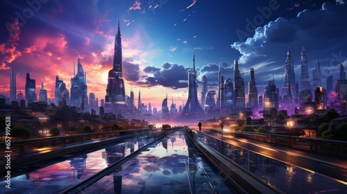 A futuristic depiction of the world, transformed by the AI revolution. Skyscrapers with holographic advertisements