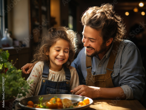 A father and daughter sitting at table together smiling, eating, dinner