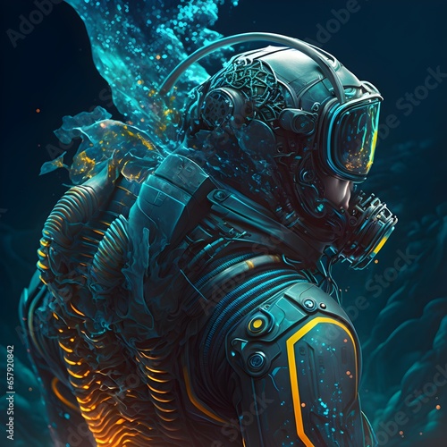 scifi diver with exteranl large super futuristic sleek rebreather on his back that connects to his futuristic underewater visor deep in the ocean mutiple divers wearing the same device highly  photo