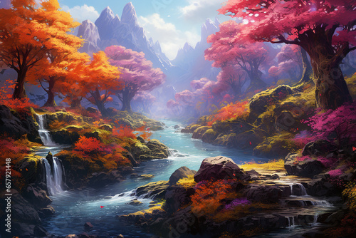 A Journey Through Nature  A Vibrant Colorful  Panoramic Painting of a Majestic Mountainous Landscape with a River  Wallpaper 