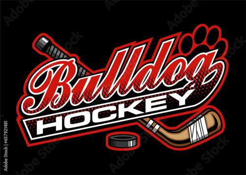 bulldog hockey team design in script with stick, puck and paw print for school, college or league sports