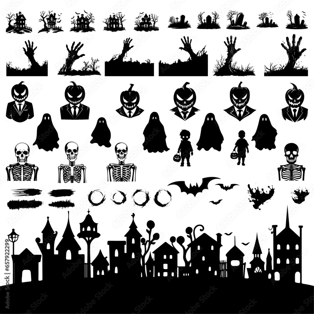 Vector illustration of Halloween silhouettes set in black icon and character styles. Isolated on white background, transparent background, PNG and vector