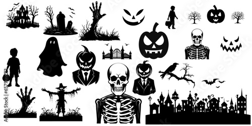 Black icon set of Halloween silhouettes and characters in a vector illustration. Isolated on white background, transparent background, PNG and vector