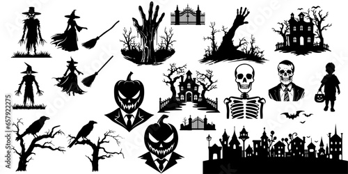 Set of Halloween silhouettes in black icon and character styles. Vector illustration isolated on white background, transparent background, PNG and vector