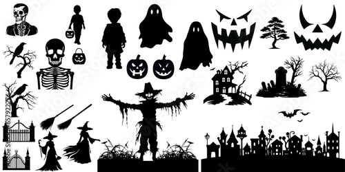 Halloween black icon and character set of silhouettes in vector illustration. Isolated on white background, transparent background, PNG and vector