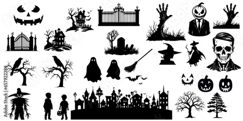 Halloween silhouettes black icon and character set. Vector illustration isolated on white background, transparent background, PNG and vector