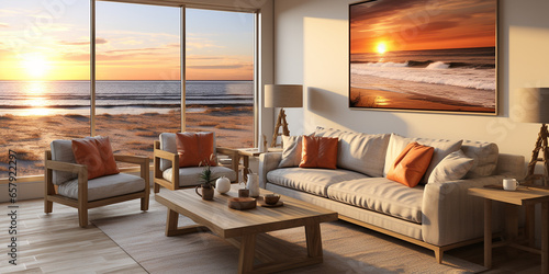 Edle Wohnecke mit farbigen Dekos und schöner Couch im modernen Stil im Querformat für Banner, ai generativ photo