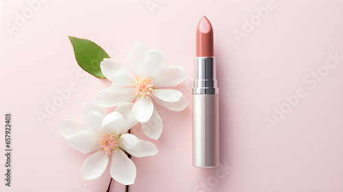 Pink Lipstick with a blossom on Pastel Pink Background