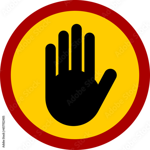 Red Black and Yellow Stop Hand Block Round Sign or Adblock Icon. Vector Image.