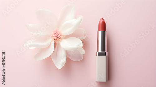 Pink Lipstick with a blossom on Pastel Pink Background