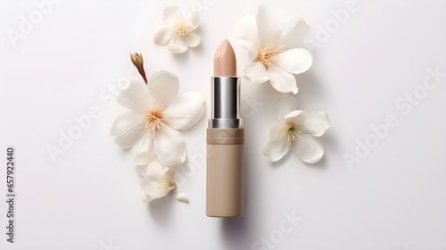 Beige Color Lipstick with a blossom on Pastel Pink Background
