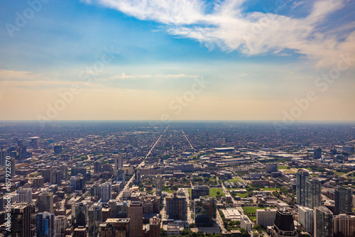 Chicago aerial photography view of buildings in a sunny day. Architectural view of the city, urban scene.