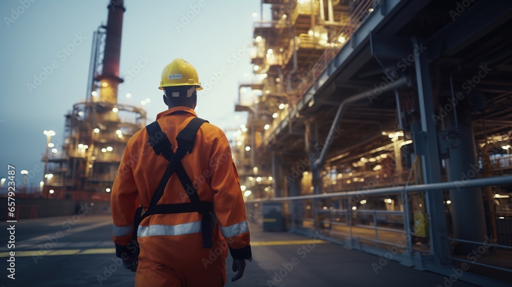 Energy Industry: Behind the scenes of an offshore oil rig worker is working, a worker walks to an oil and gas plant to work in the process area. Energy Industry: Behind the scenes of an offshore oil rig worker is working, a worker walks to an oil and gas plant to work in the process area.