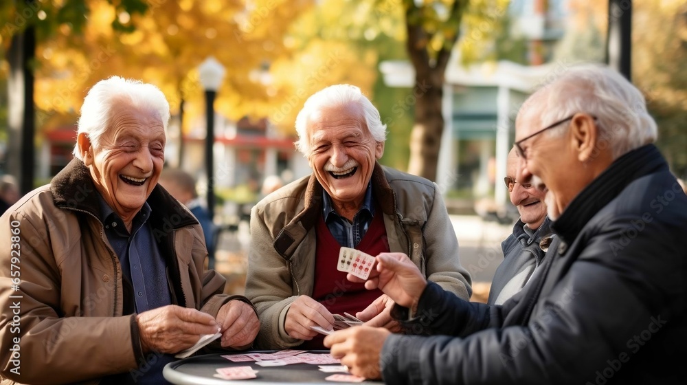 Elderly men have fun playing cards at the park - obrazy, fototapety, plakaty 