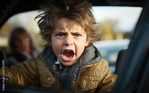 An angry kid in the back seat of a car. Generative AI
