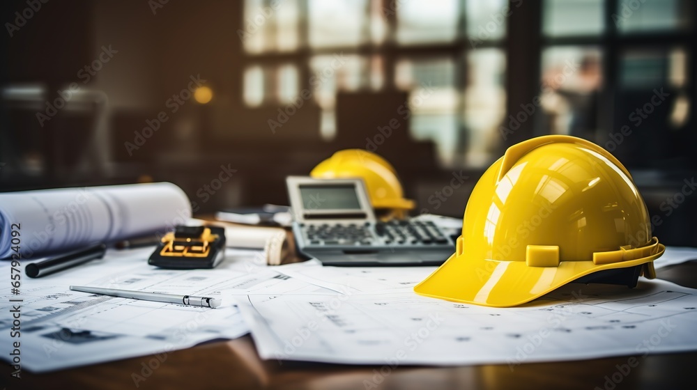 Fototapeta premium Blueprints and equipment on table in office staff meeting place, yellow measuring tools with white helmets, calculator, with copy space engineering tools concept.