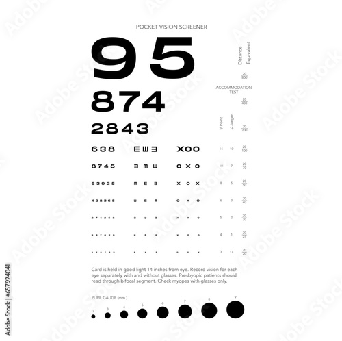 Rosenbaum Pocket Vision Screener Eye Test Chart medical illustration with numbers. Line vector sketch style outline isolated on white background. Vision board optometrist ophthalmic for examination
