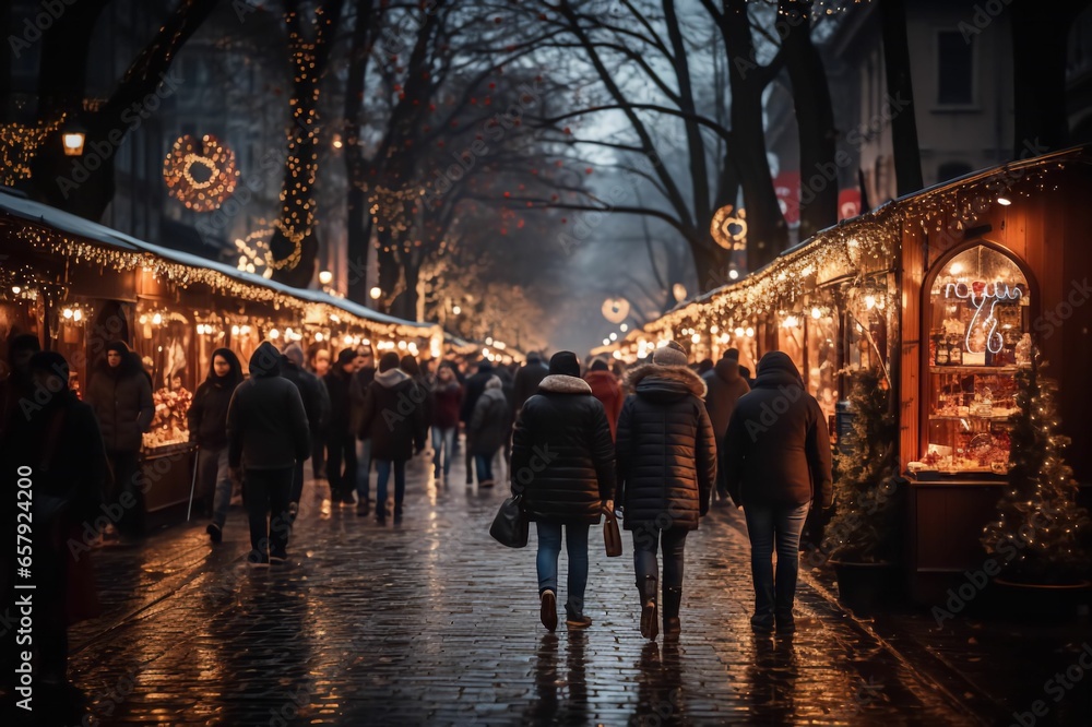 Marché de Noël en ville, décors lumineux et festivités d'hiver, évènement de fin d'année