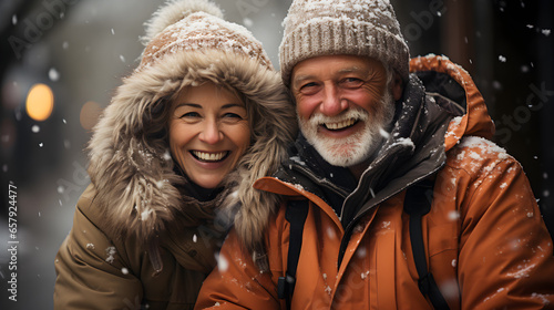 Senior couple in winter vacations having fun in snowy day - Happy older people outdoors in the city