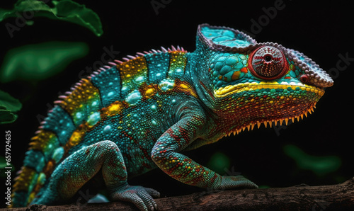 Generative AI illustration of realistic multicolored chameleon with iridescent skin in speckles sitting on branch of a bush over black background photo