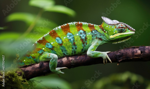 Generative AI illustration of realistic multicolored chameleon with iridescent skin in speckles sitting on branch of a bush over black background photo