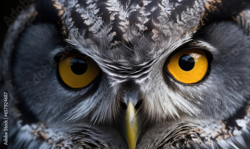 Generative AI illustration of closeup round yellow eyes of great gray owl looking away at dark night photo