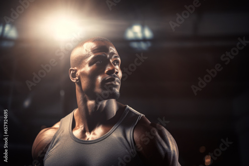 AI generated image of African American muscular man in the cross training gym photo