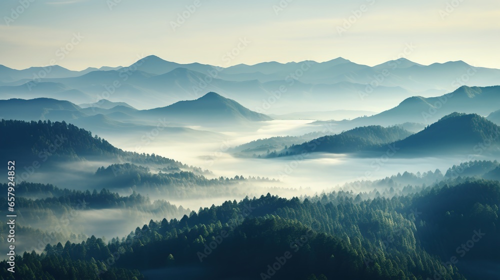 The scene is full of misty trees and trees in the style of a mountain landscape.