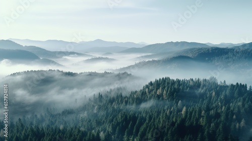The scene is full of misty trees and trees in the style of a mountain landscape.