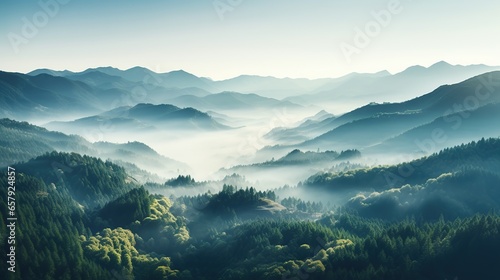 The scene is full of misty trees and trees in the style of a mountain landscape. © Phoophinyo