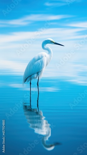 Great egret on pale blue water background with reflection.peace and harmony.copy space. © Margo_Alexa