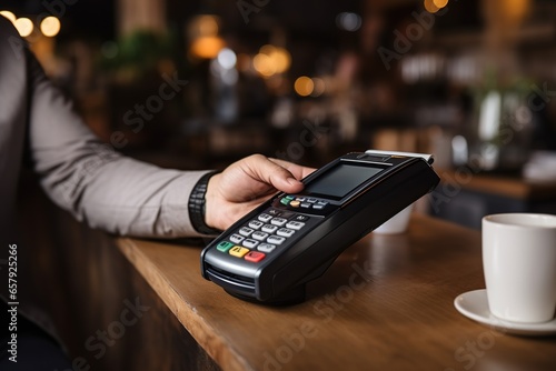 Close-up hand of A man holding credit card and using laptop at the coffee shop. Online shopping