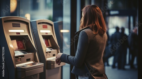 Cash trading business: Behind a young woman stands and withdraws cash from an ATM.