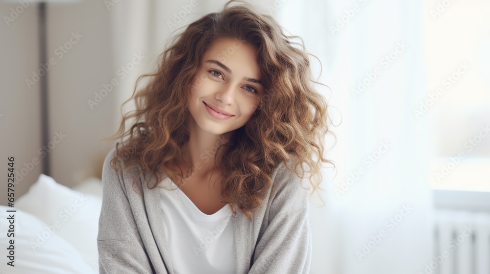 amazing young woman Beautiful, wavy hair swept to the side. Wearing all light gray sweaters. autumn photography She woke up and sat up straight in bed. Woman waking up in the morning. amazing young woman Beautiful, wavy hair swept to the side. Wearing all light gray sweaters. autumn photography She woke up and sat up straight in bed. Woman waking up in the morning.