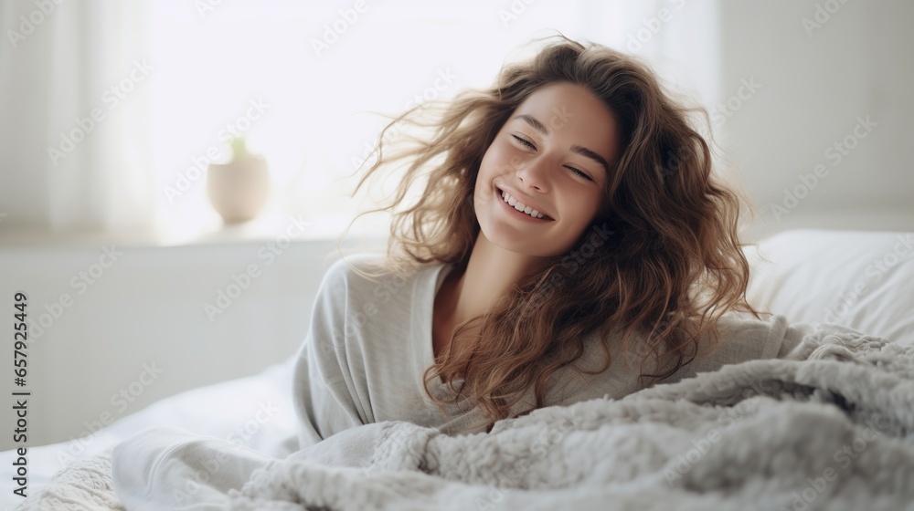 amazing young woman Beautiful, wavy hair swept to the side. Wearing all light gray sweaters. autumn photography She woke up and sat up straight in bed. Woman waking up in the morning. amazing young woman Beautiful, wavy hair swept to the side. Wearing all light gray sweaters. autumn photography She woke up and sat up straight in bed. Woman waking up in the morning.