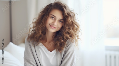 Free Download amazing young woman Beautiful, wavy hair swept to the side. Wearing all light gray sweaters. autumn photography She woke up and sat up straight in bed. Woman waking up in the morning. - GFXLoad