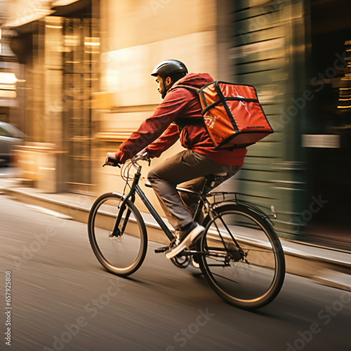 Young courier delivering food on bicycle.  © notannft