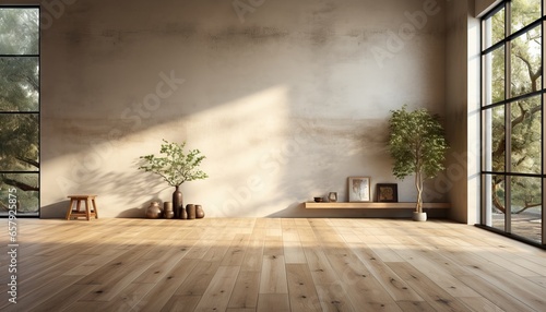 Empty Room with Wooden Floor and Concrete Wall