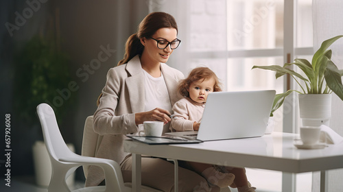 Young pretty woman working at computer at home with her child.