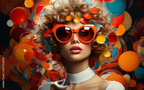 Fashionable retro futuristic girl on background of circle in pop art style. Woman with sunglasses in surrealistic style