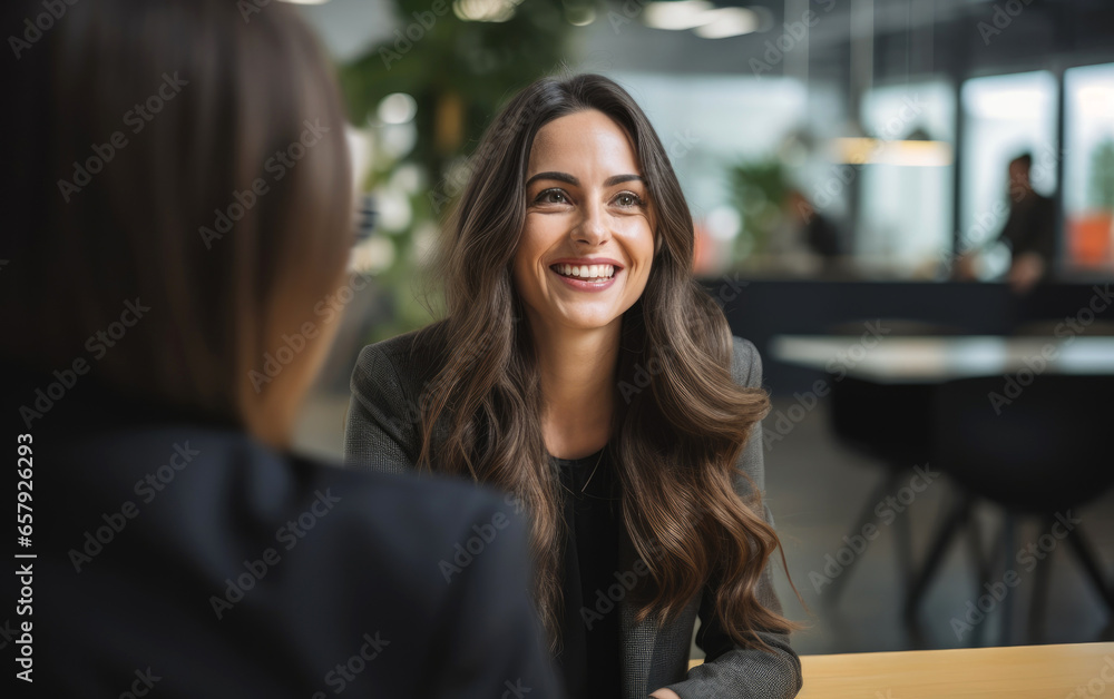 A woman being interviewed in a modern office. Generative AI A woman being interviewed in a modern office. Generative AI