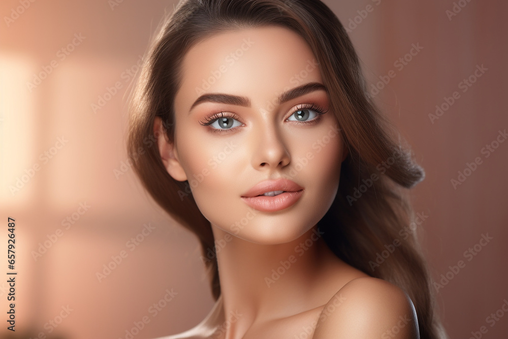 Schönes gepflegtes Frauen Gesicht mit natürlichen Make up für Kosmetik und Permanent Make up Poster Nahaufnahme, ai generativ Schönes gepflegtes Frauen Gesicht mit natürlichen Make up für Kosmetik und Permanent Make up Poster Nahaufnahme, ai generativ