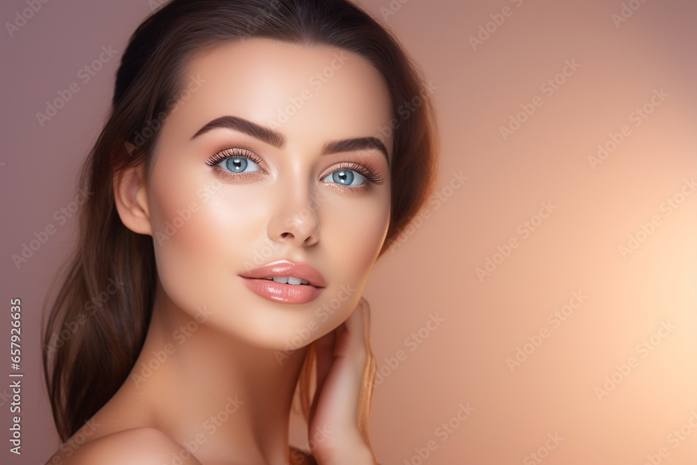 Schönes gepflegtes Frauen Gesicht mit natürlichen Make up für Kosmetik und Permanent Make up Poster Nahaufnahme, ai generativ Schönes gepflegtes Frauen Gesicht mit natürlichen Make up für Kosmetik und Permanent Make up Poster Nahaufnahme, ai generativ