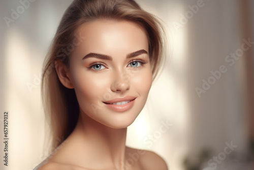 Sch  nes gepflegtes Frauen Gesicht mit nat  rlichen Make up f  r Kosmetik und Permanent Make up Poster Nahaufnahme  ai generativ